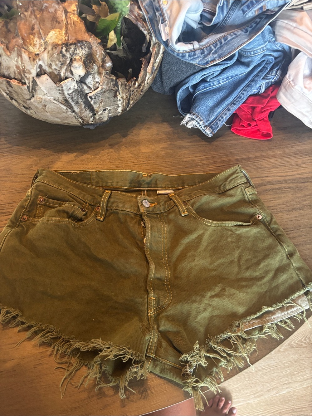 Levi's Olive Green Denim Cutoff Shorts 32”